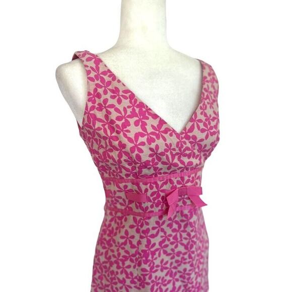 Maggy London Tea Dress 4 Floral Sleeveless Sheath Linen Pink Ribbon Bow - Picture 2 of 10